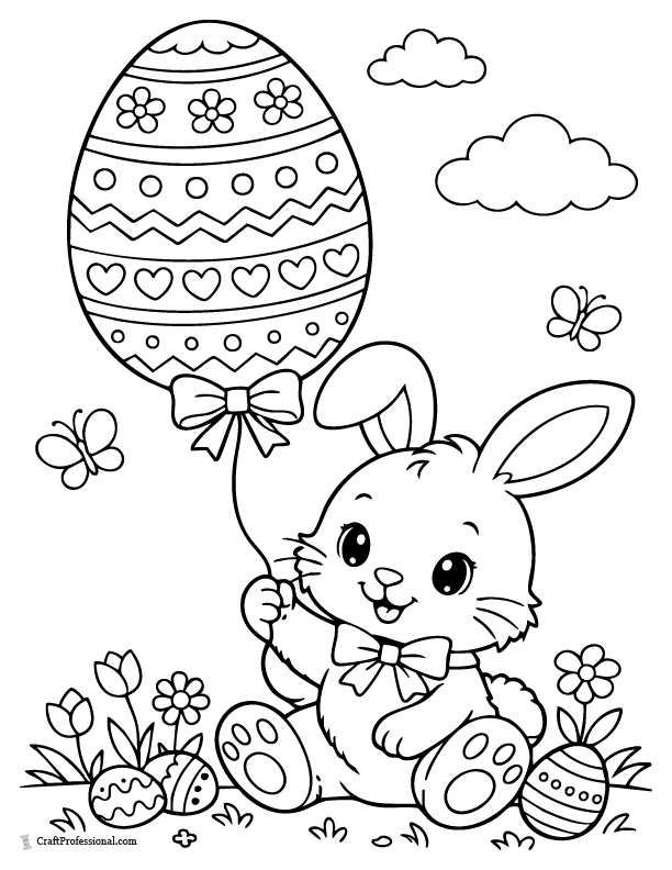Cute Easter bunny holding egg-shaped balloon coloring page for kids.