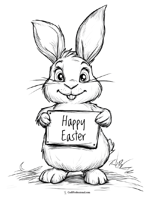 Bunny holding a Happy Easter sign, coloring page