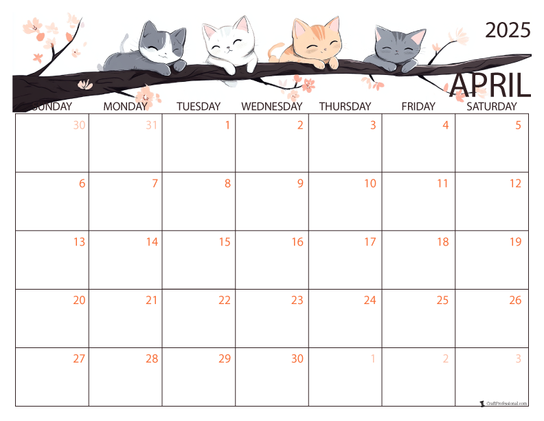 April 2025 calendar with spring cats design