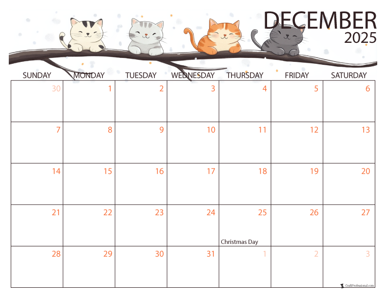 December 2025 printable calendar winter cats design