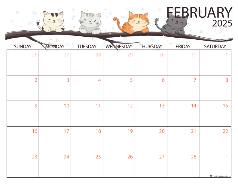 February 2025 printable calendar with cat design