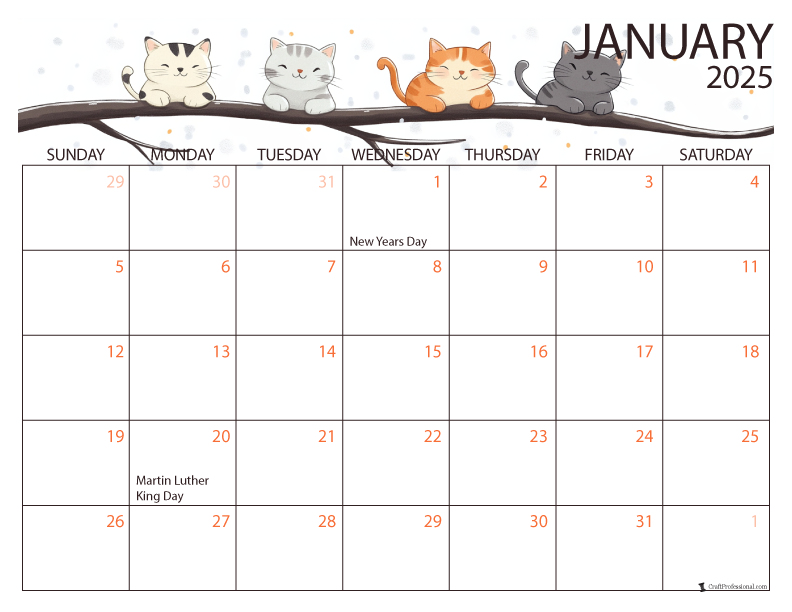 Cute cats January 2025 calendar with holidays
