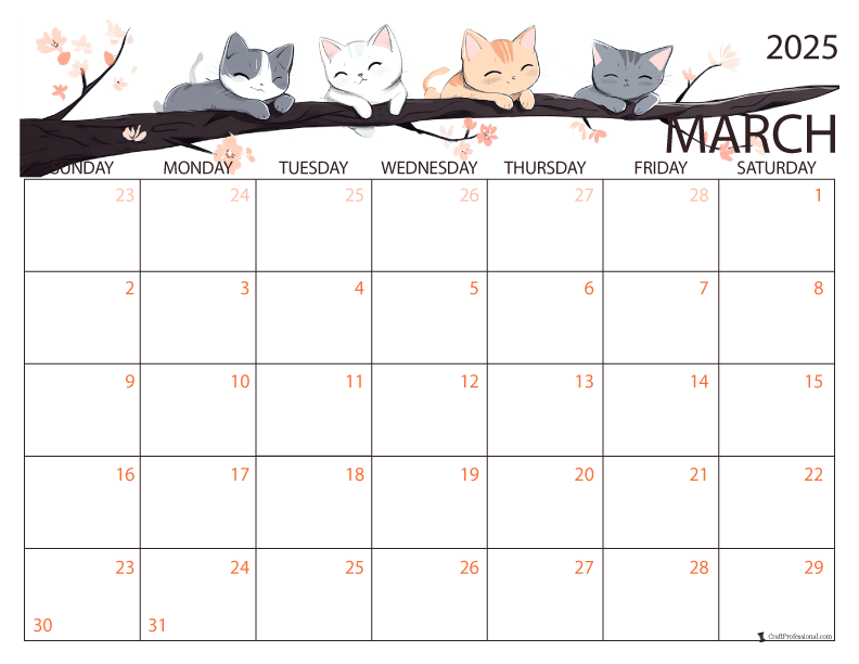 March 2025 printable calendar cartoon cat design