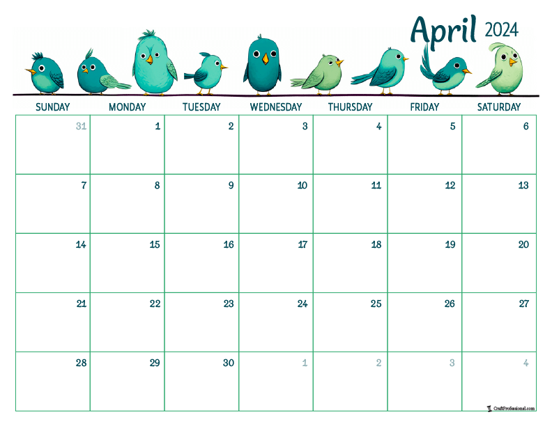 April 2024 printable calendar with blue birds design
