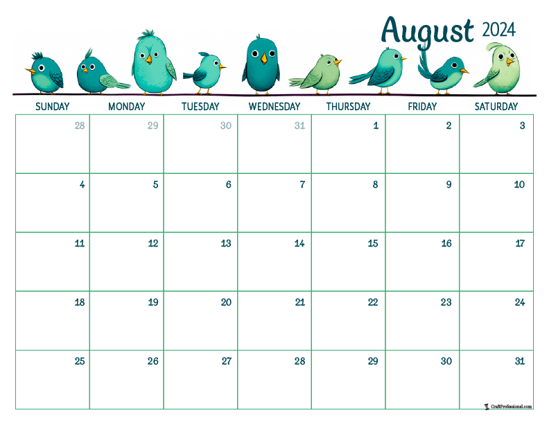 August 2024 printable calendar with blue birds design