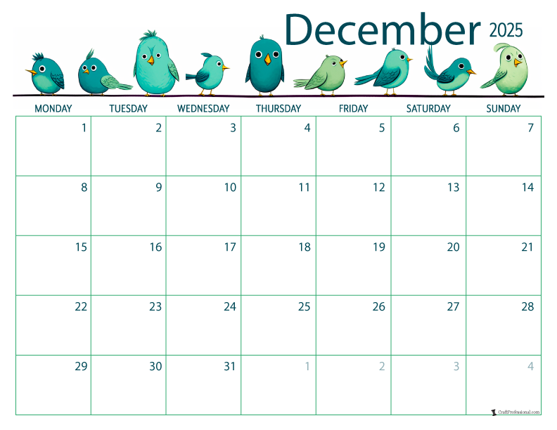 December 2025 printable calendar, Monday start, cute birds design