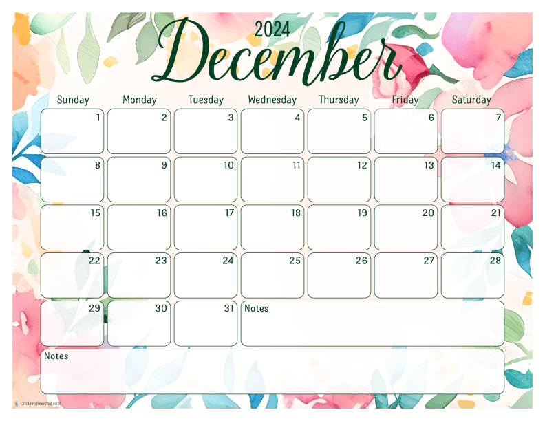 Blank printable calendar for December 2024