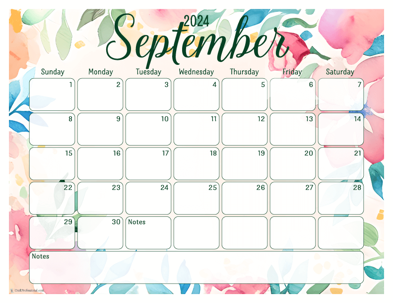 September 2024 printable calendar with floral design