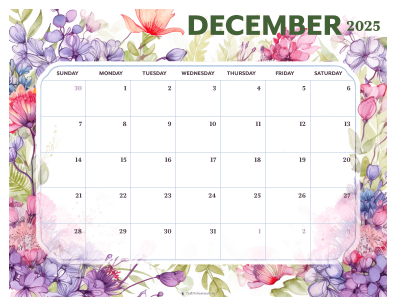 Floral with notes printable calendar for December 2025
