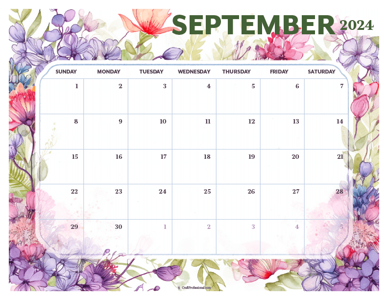 September floral printable 2024 calendar