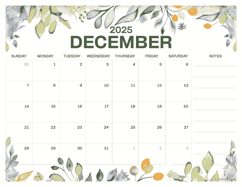 Floral with notes printable calendar for December 2025