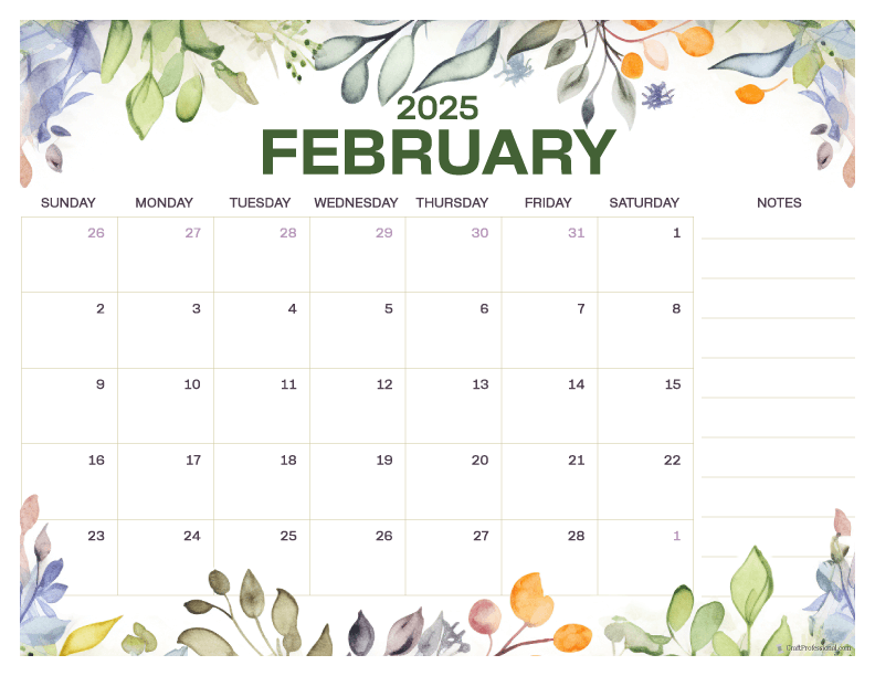 Floral design printable calendar with notes for February 2025