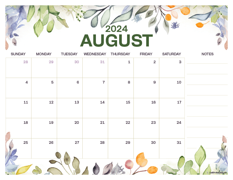 August 2024 printable calendar, floral design with space for notes