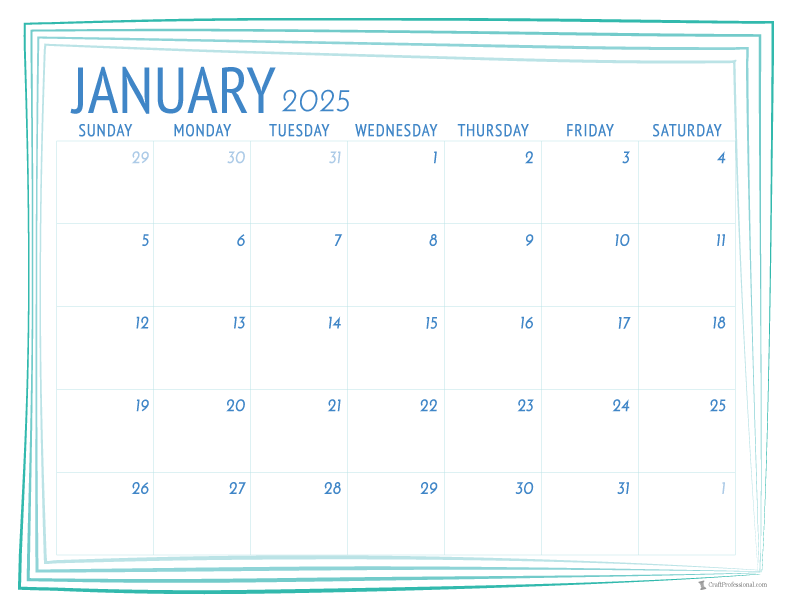 Simple January 2025 calendar with blue frame outline