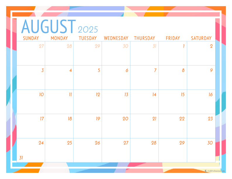 Geometric printable calendar for August 2025.