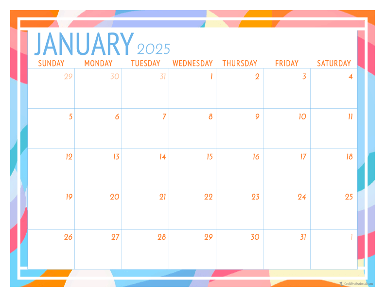 Printable calendar for January 2025 with geometric frame design