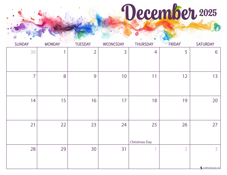 December 2025 printable calendar rainbow colored design