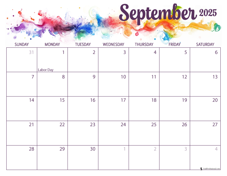 september 2025 printable calendar with rainbow-colored design
