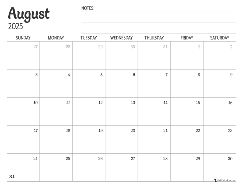 Blank printable calendar for August 2025.