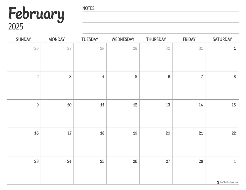 Simple design printable calendar for February 2025