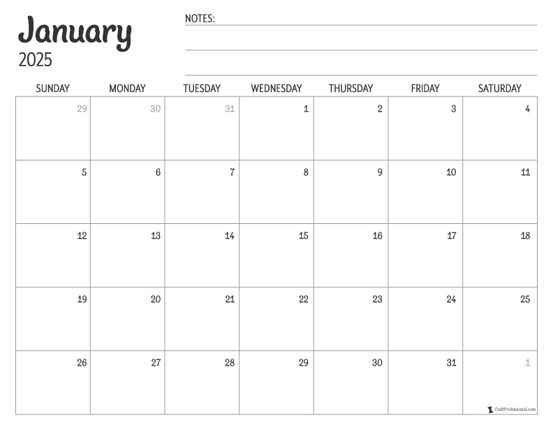 Simple design printable calendar for January 2025
