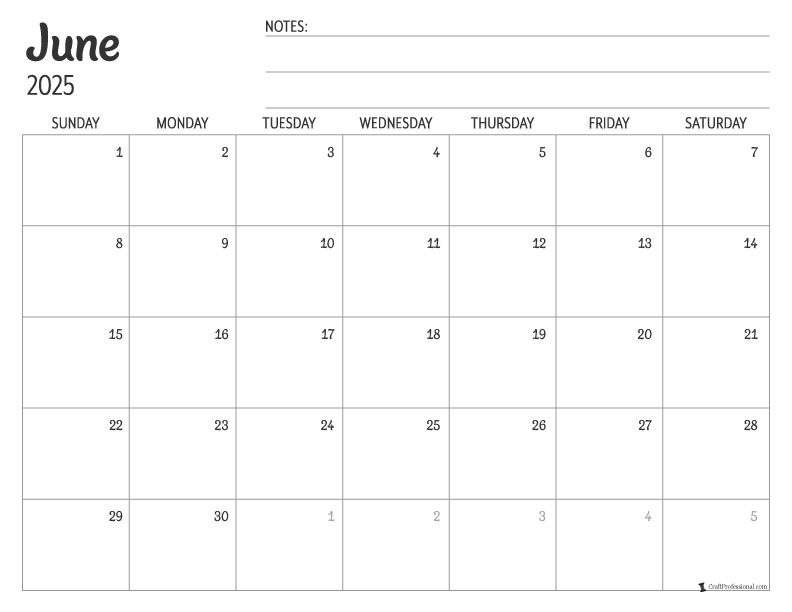 Simple design printable calendar for June 2025.