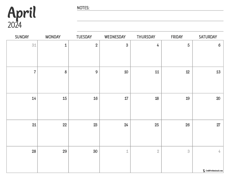 Blank printable calendar for April 2024