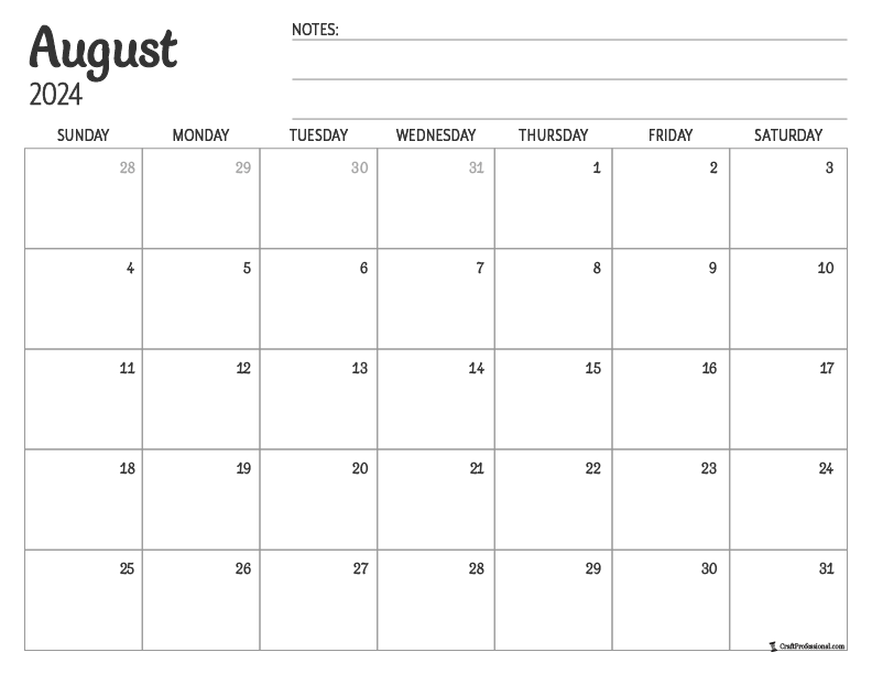 Blank printable calendar for August 2024
