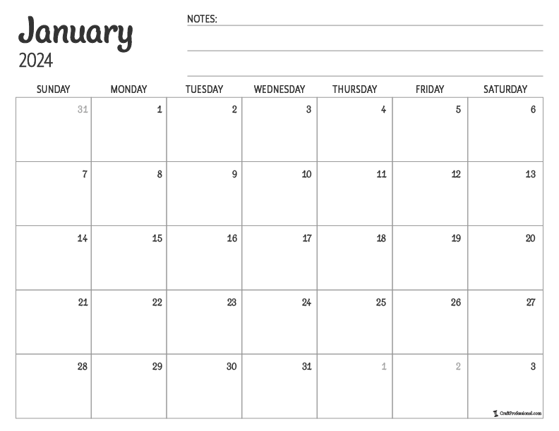 Simple, blank January 2024 calendar