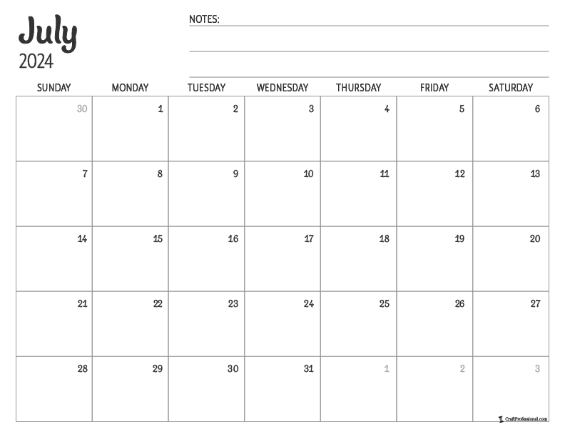 Blank printable calendar for July 2024
