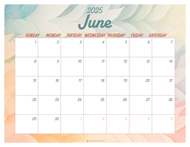 Watercolor design printable calendar for June 2025.