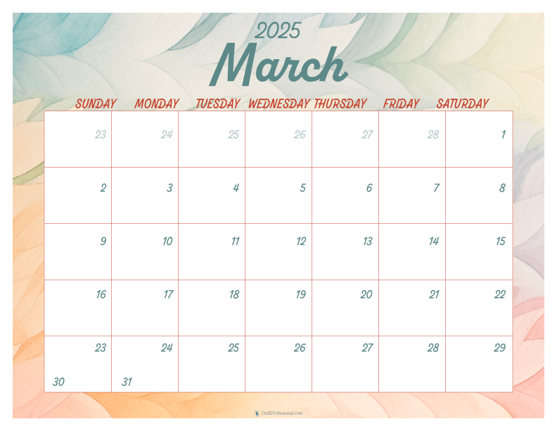 Watercolor design printable calendar for March 2025