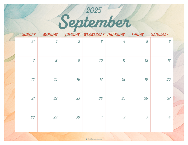Watercolor printable calendar for September 2025.