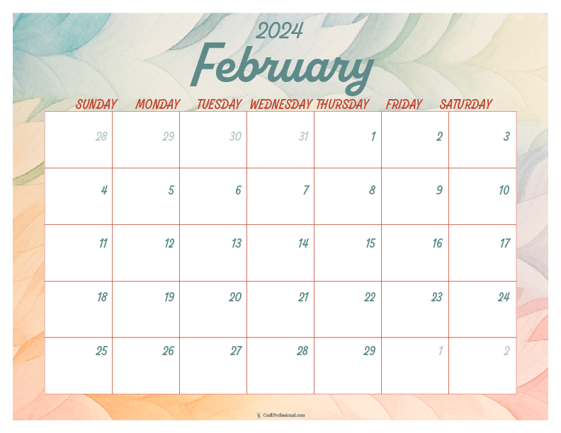 February 2024 printable calendar watercolor design