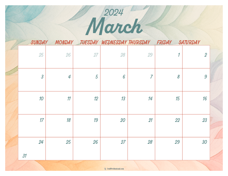 March 2024 printable calendar watercolor design