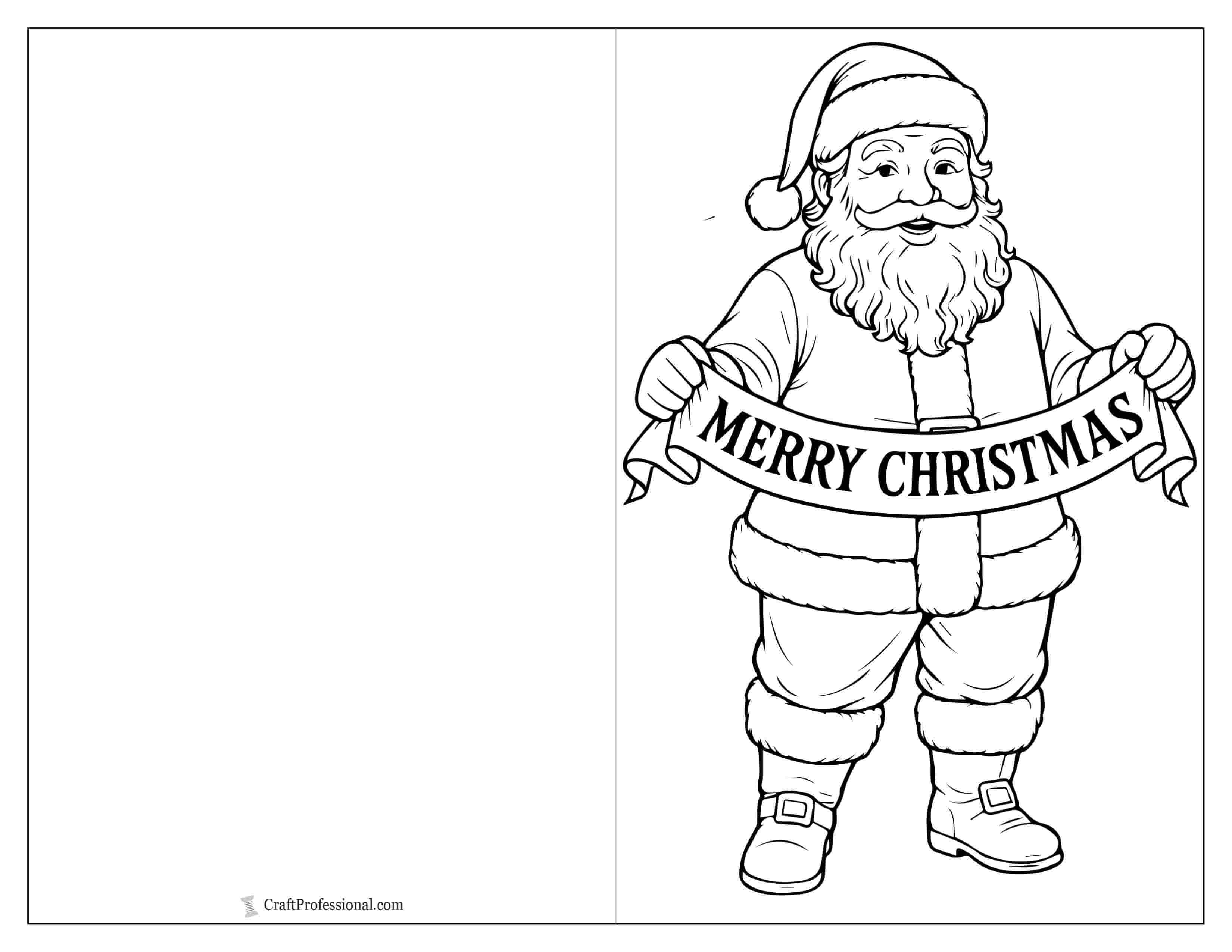 Classic Santa holding a “Merry Christmas” banner printable Christmas card