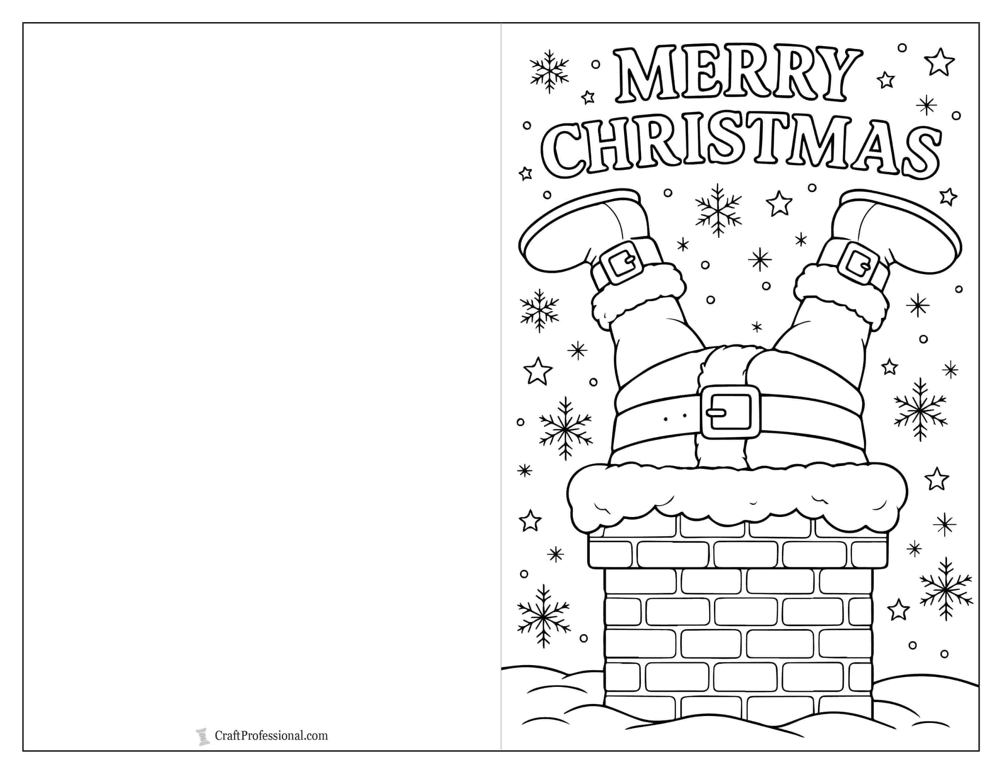 Santa with boots sticking out of a chimney printable Christmas card