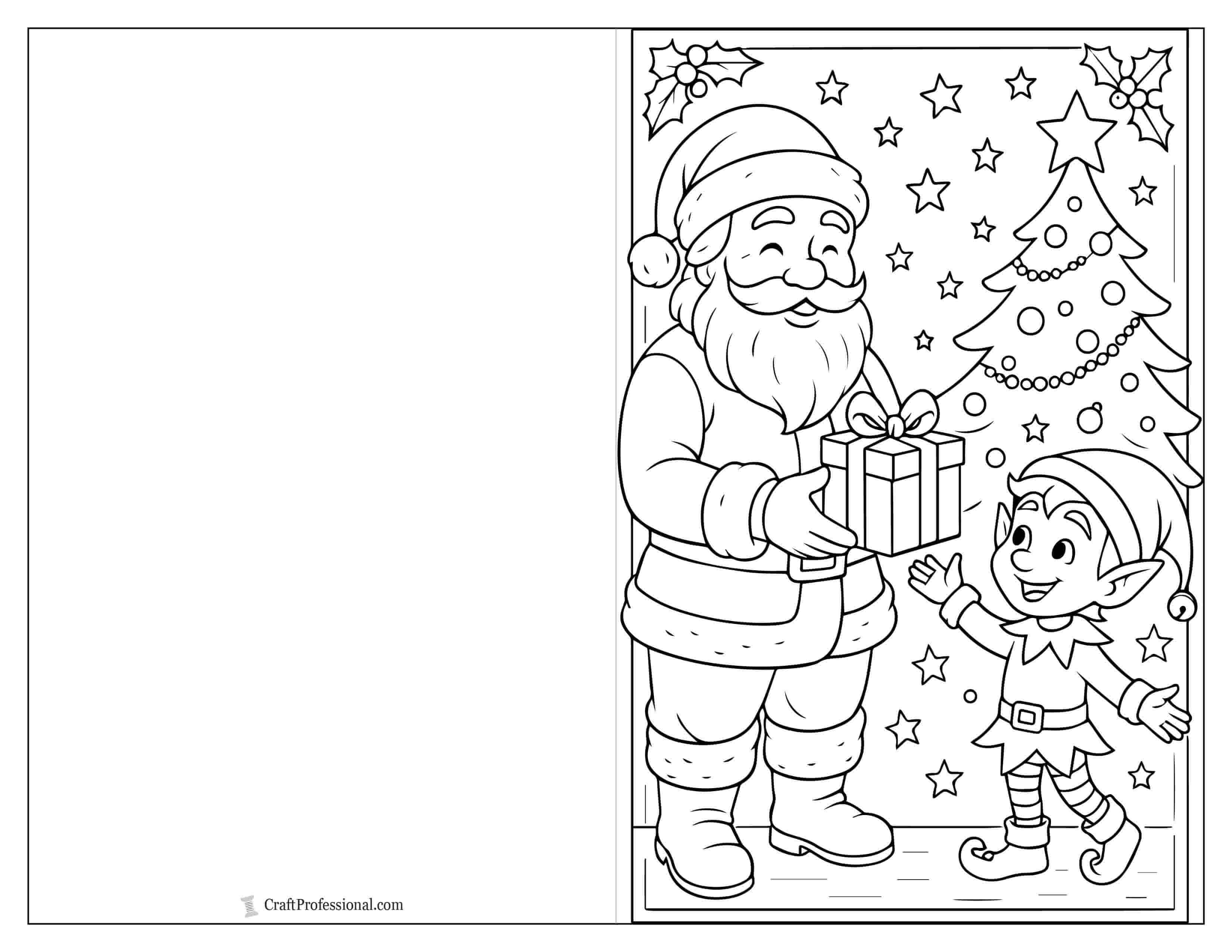 Santa handing a gift to an elf, printable Christmas card