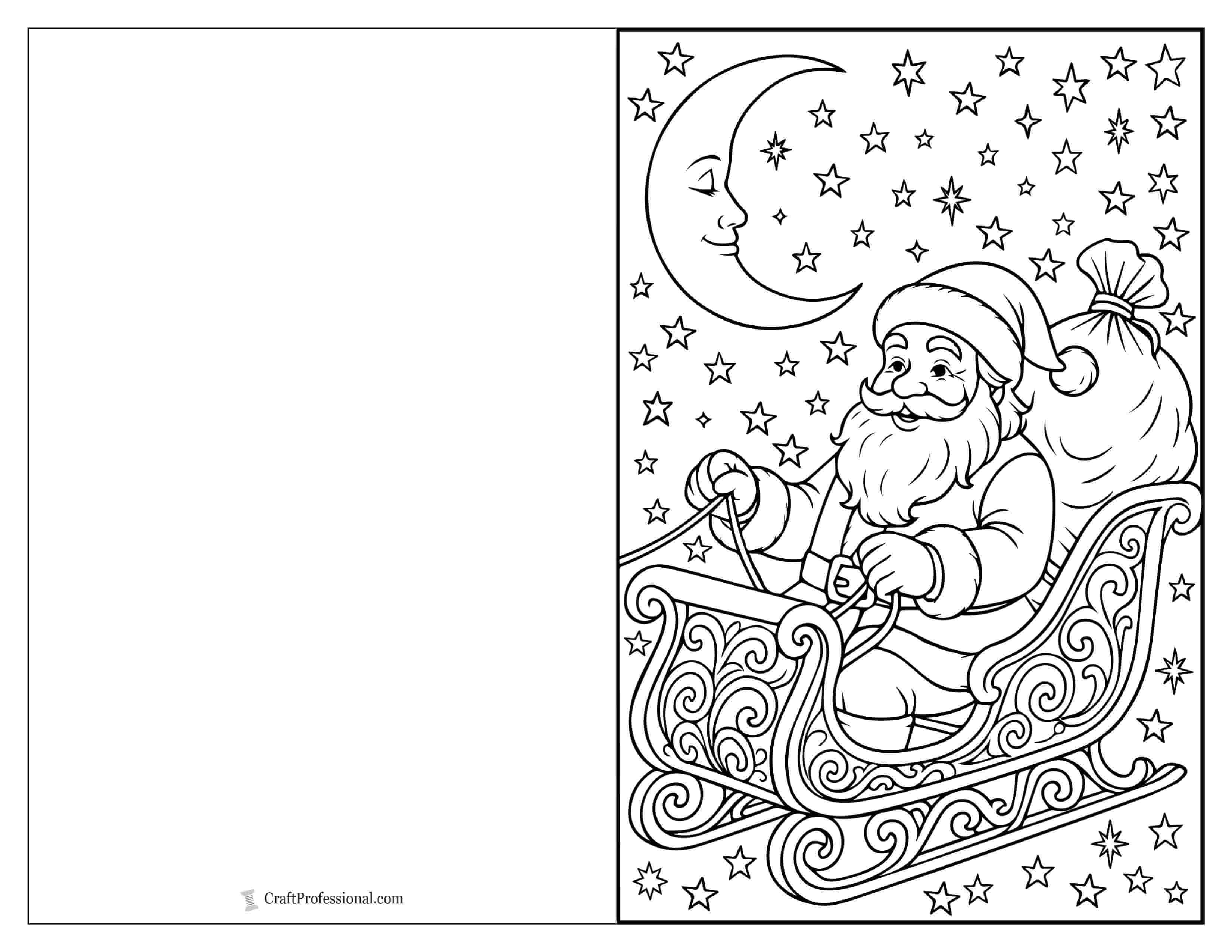 Santa in a sleigh surrounded by stars and the moon printable Christmas card