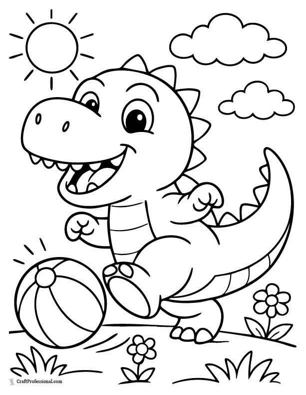 Cartoon dinosaur playing ball coloring page