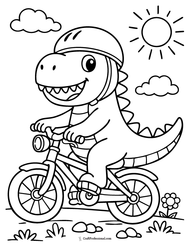 Cartoon dinosaur riding a bike coloring page