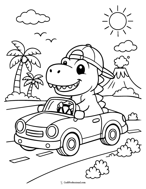 Cartoon dinosaur in a car coloring page