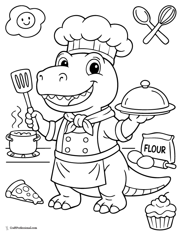 Cartoon dinosaur chef coloring page