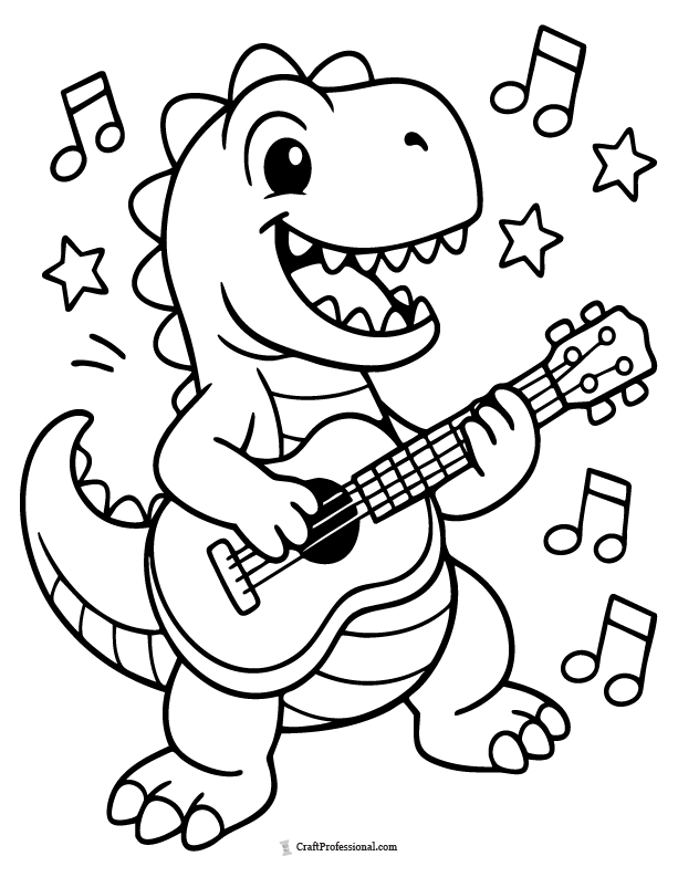 Cartoon dinosaur playing guitar coloring page