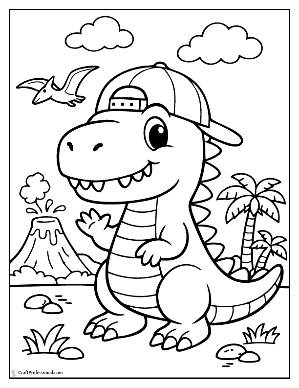 Cartoon dinosaur wearing a hat coloring page
