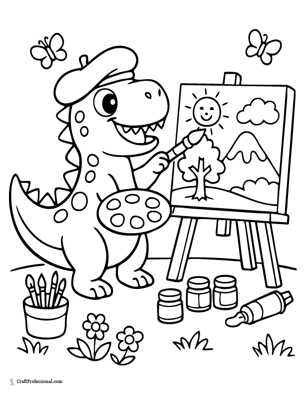 Cartoon dinosaur painting coloring page