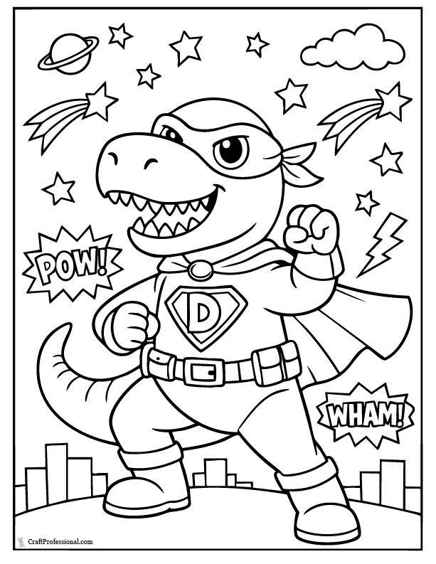 Cartoon dinosaur superhero coloring page