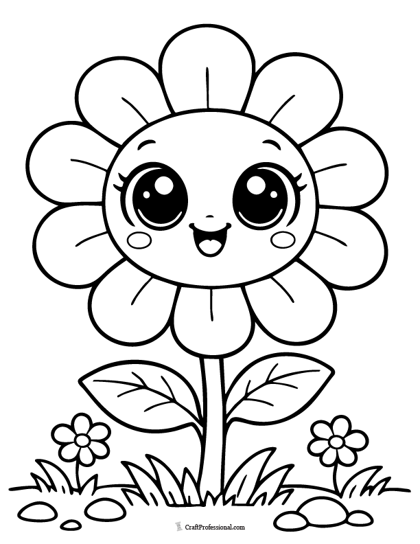 Cute cartoon flower coloring page with big eyes and rounded petals.