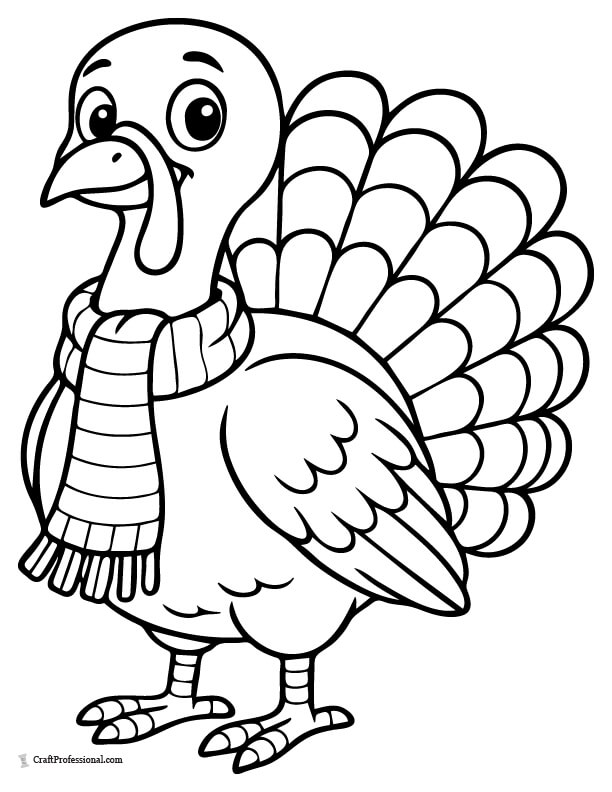Smiling cartoon turkey wearing a scarf coloring page