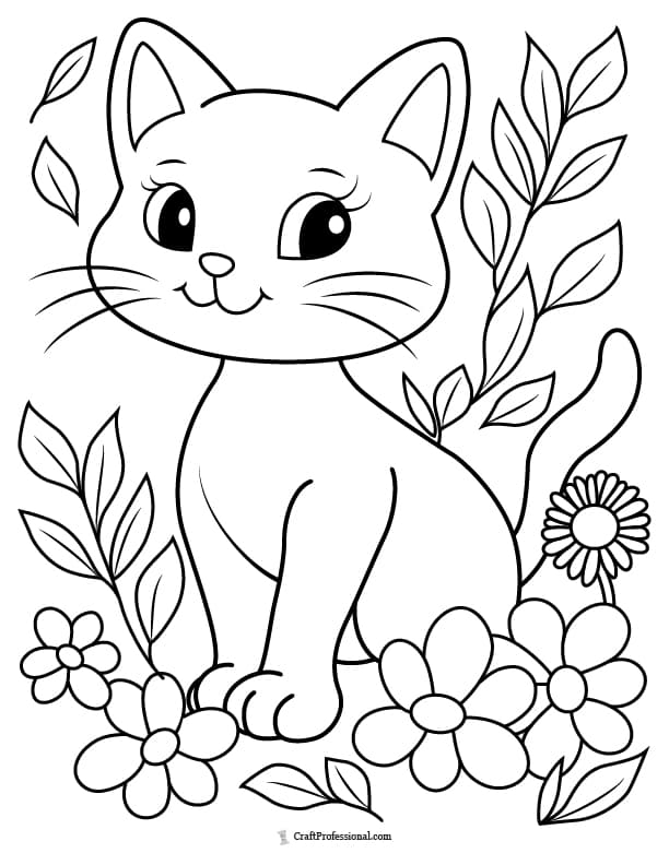 Cute kitten surrounded by summer flowers coloring page